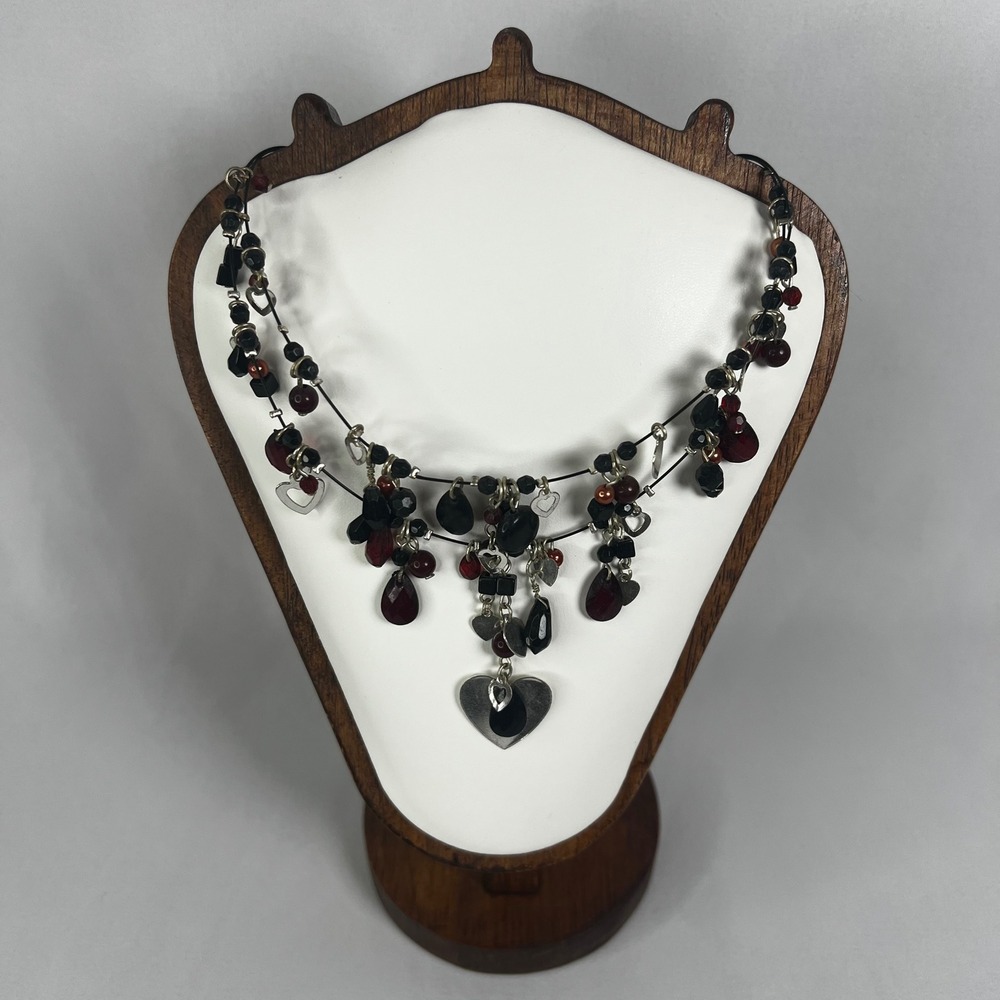Vintage Heart Pendant Necklace Silver Tone Black‎ Red Clear Glass Bead 17.5"
